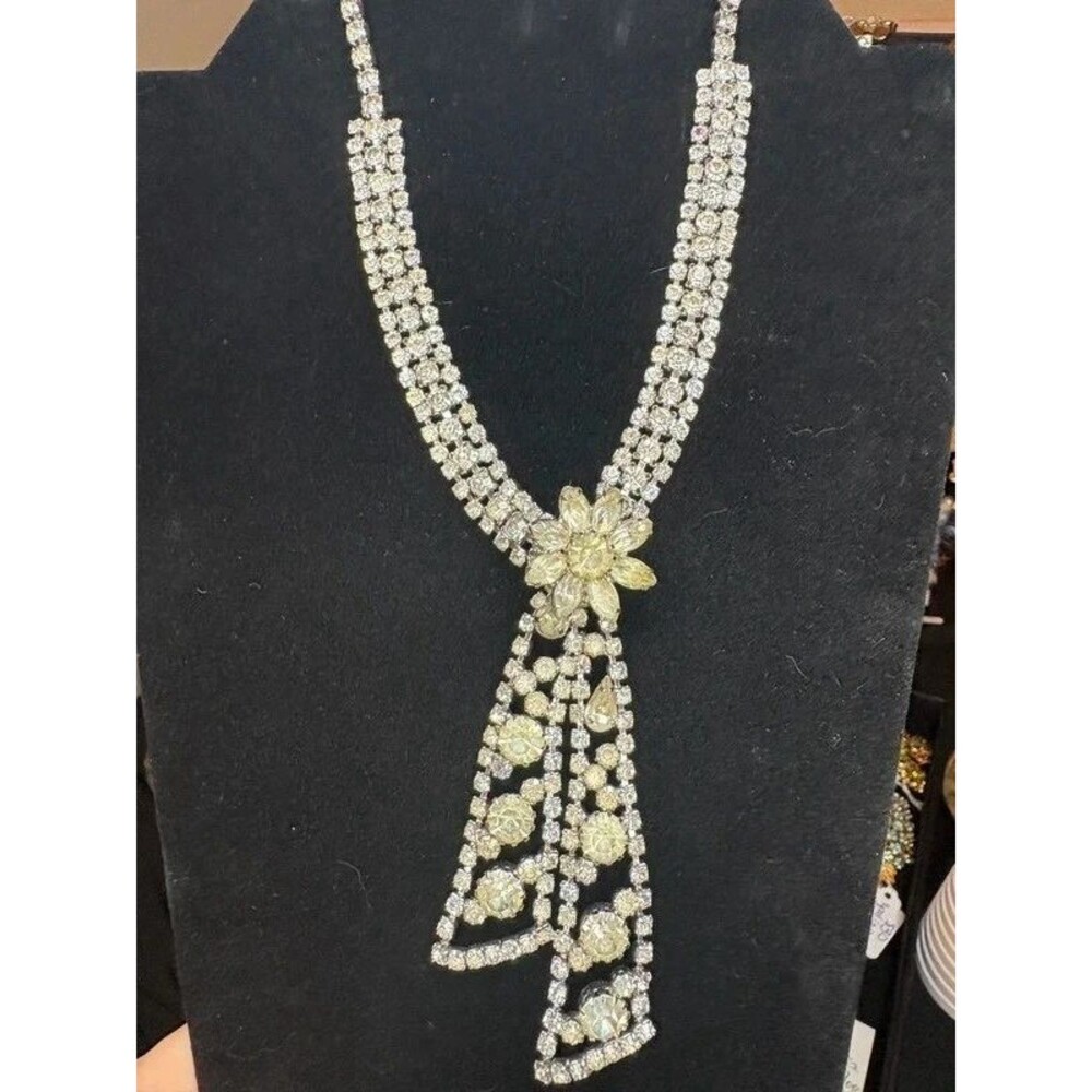 Vintage Rhinestone Lariat Bib Necklace Floral Statement